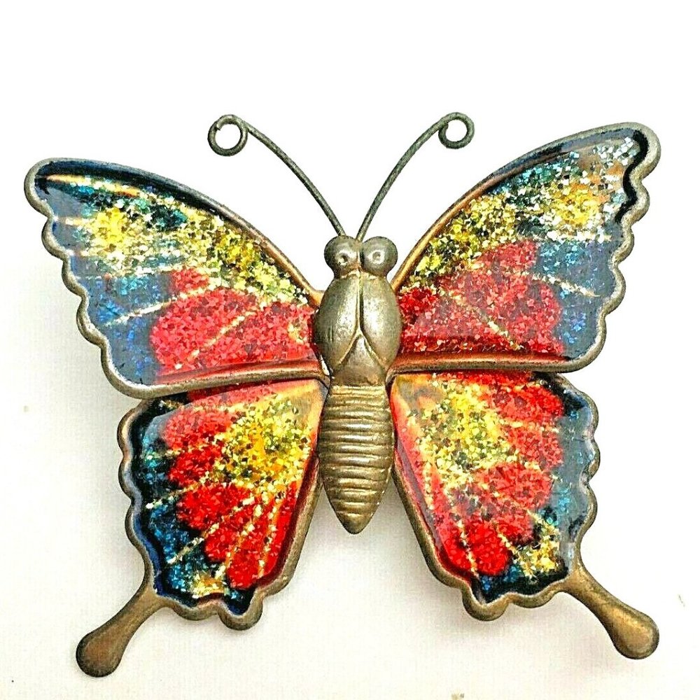Vintage Butterfly Brooch w/ Lucite Glitter Enamel on Brass Colorful 1970s